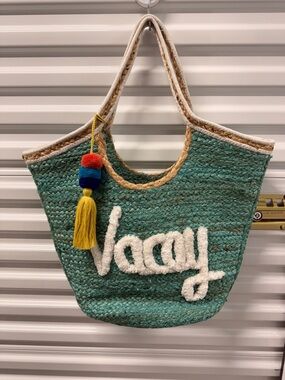 Seafoam Woven Travel Tote Bag with 'Vacay' Embroidery and Tassel Charm